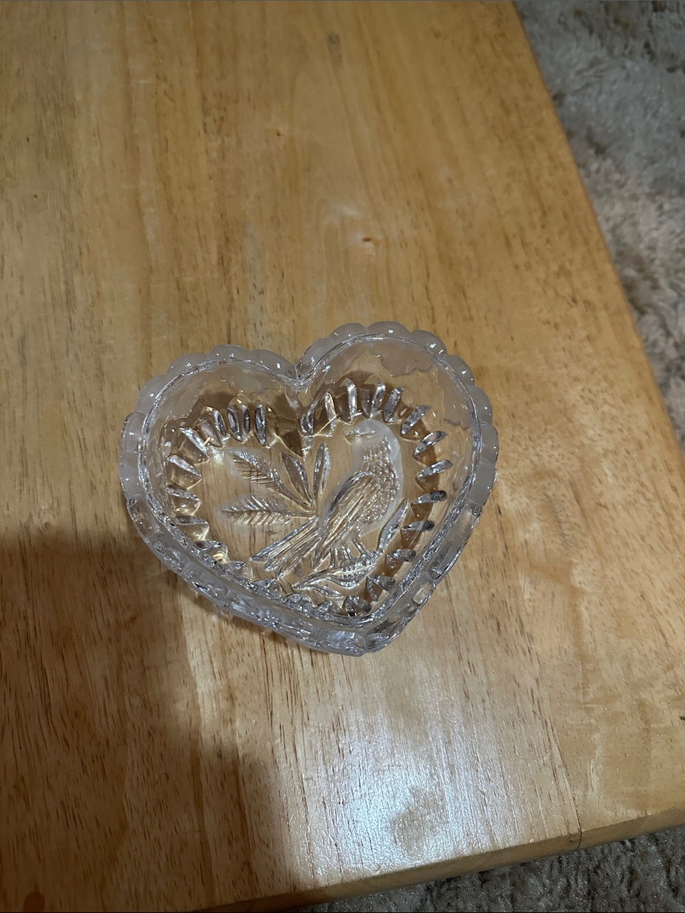 Heart-Shaped Pressed Glass Dish with Bird Motif - Clear